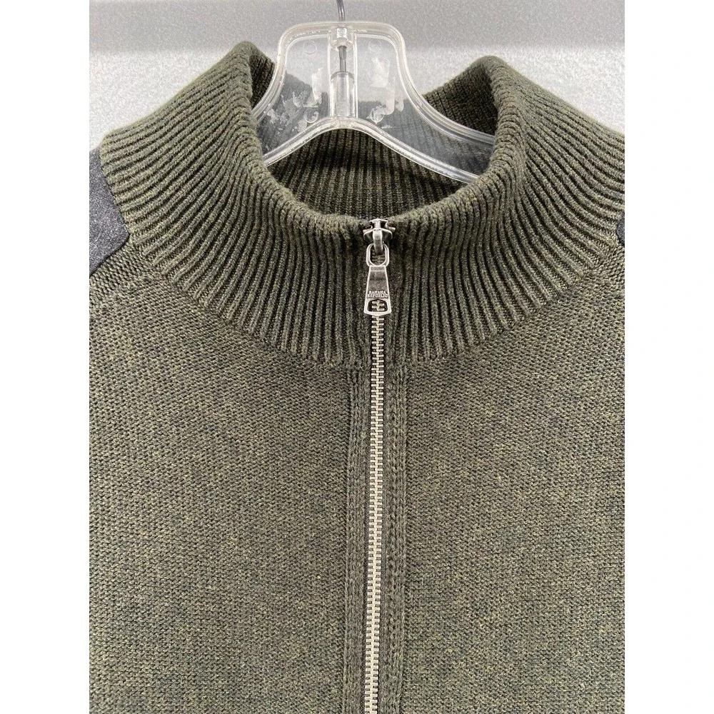 Banana Republic Sweater Men Sz Large Green Gray Wool Full‎ Zip Elbow Patch Cabin
